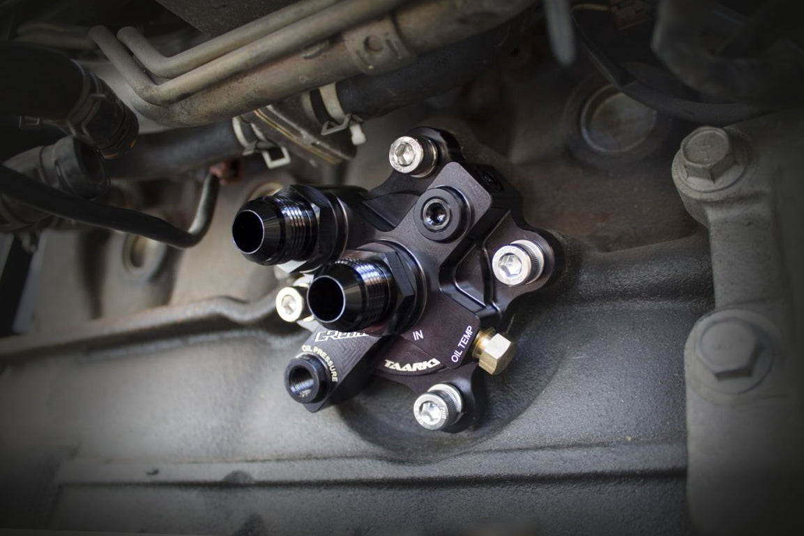 GReddy x Taarks RB26 Specific Oil Cooler Filter Block Adapter, Remote Filter - Back In-Stock!