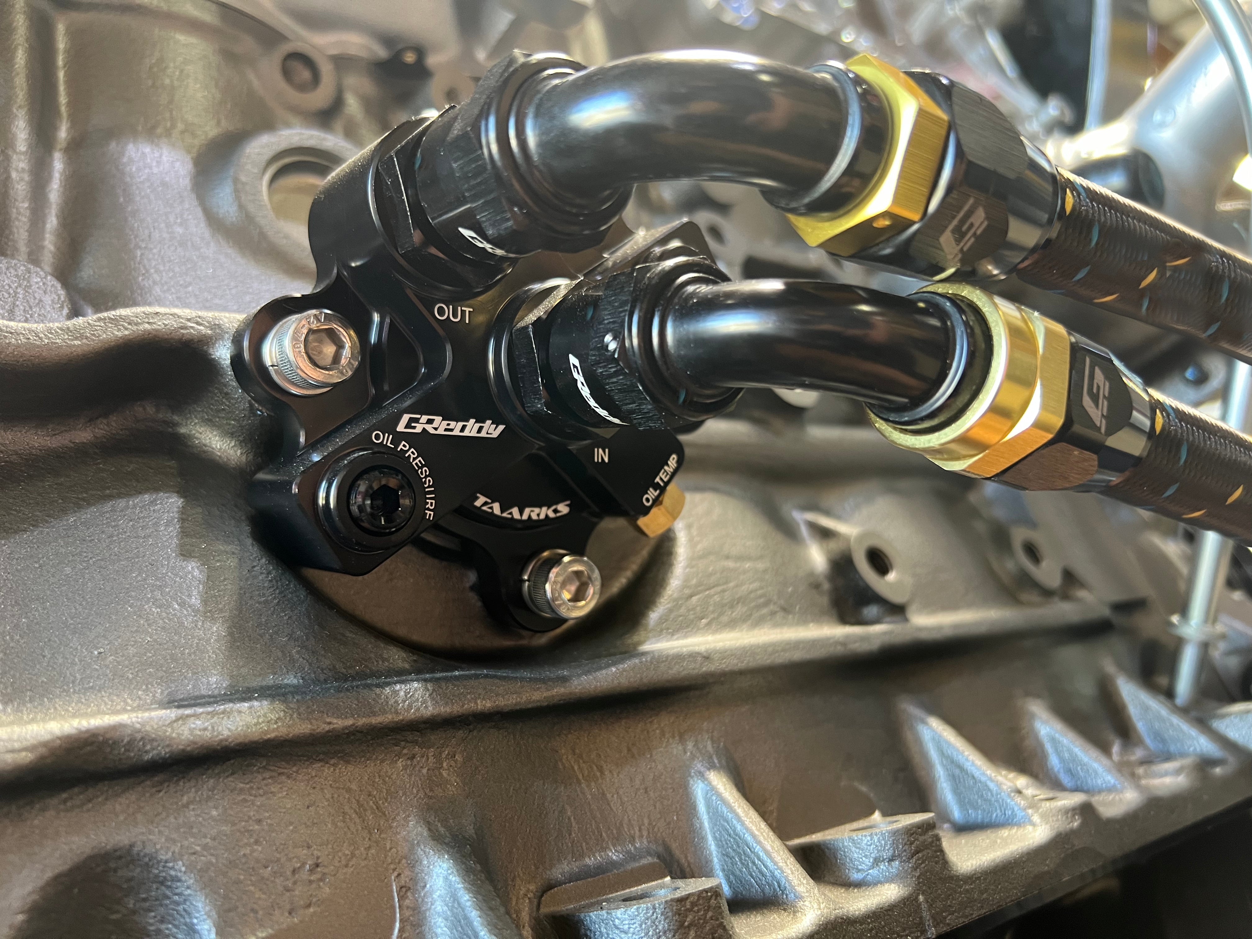 GReddy x Taarks RB26 Specific Oil Cooler Filter Block Adapter, Remote Filter - Back In-Stock!