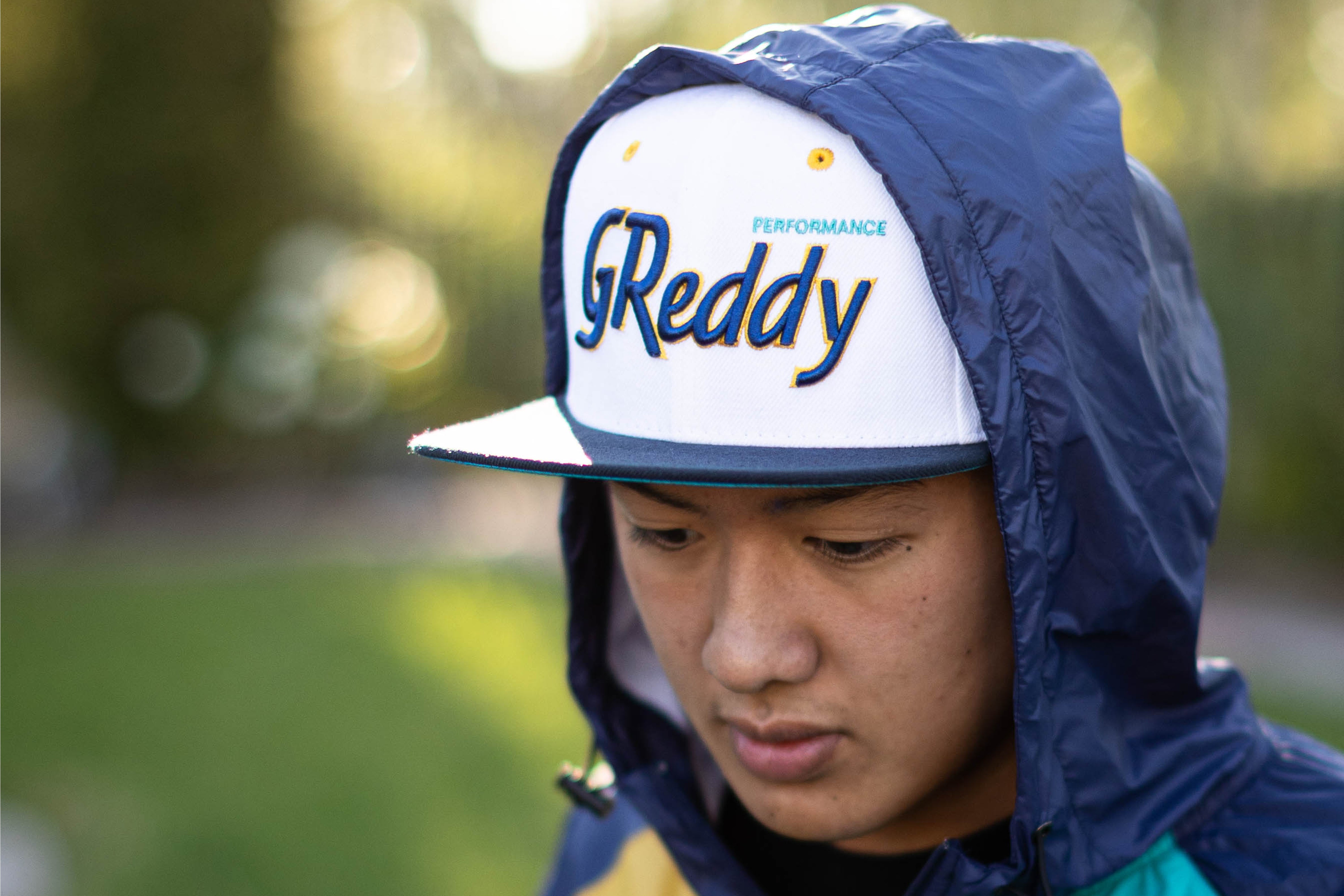 GReddy Varsity Script Snap-Back Cap - White and Navy Blue