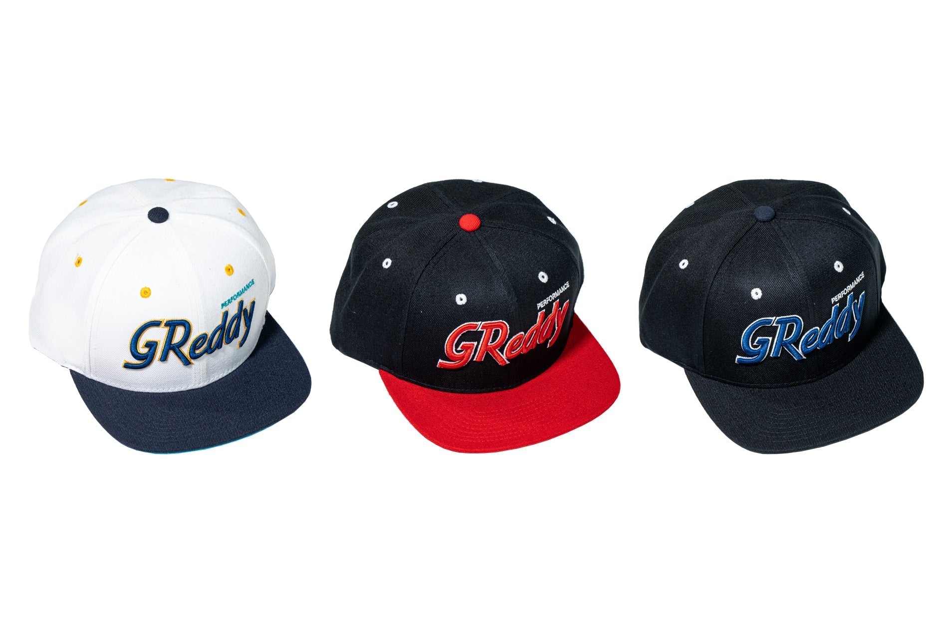 GReddy Varsity Script Snap-Back Cap - White and Navy Blue