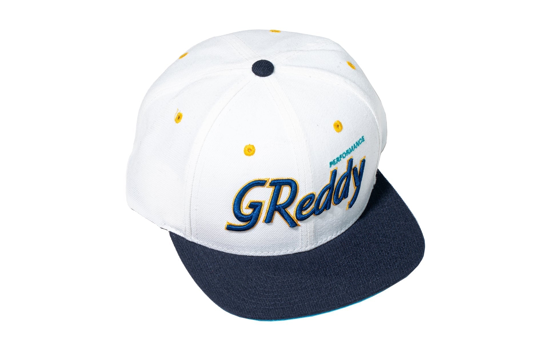 GReddy Varsity Script Snap-Back Cap - White and Navy Blue