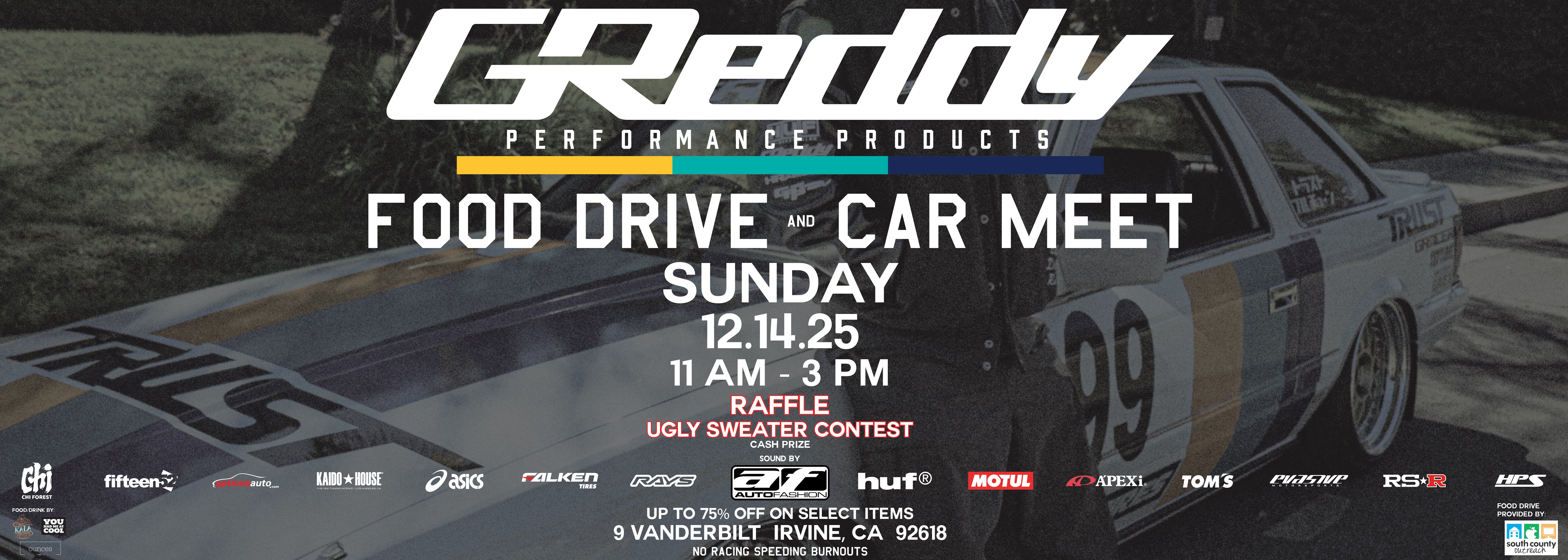 Promotional poster for annual GReddy food drive and car meet event featuring a car and GReddy Performance Products branding and benefiting South County Outreach